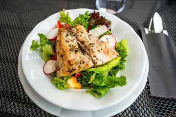 Roasted fish fillet (zander) on fresh green lettuce leaf with radish on white plate.