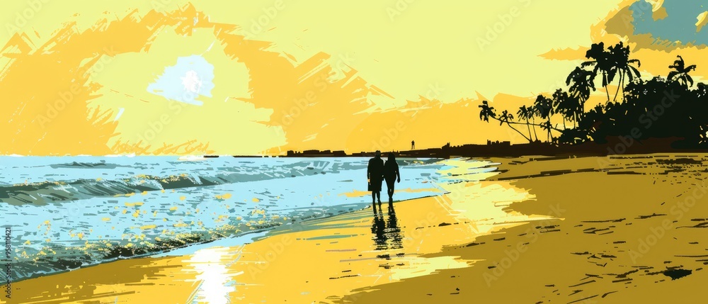 Wall mural a couple walking on a beach at sunset