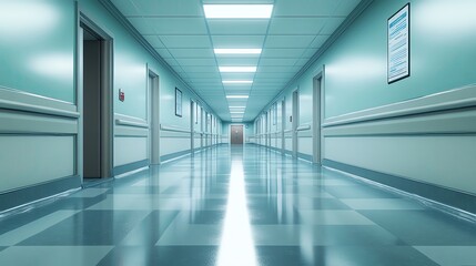Fototapeta premium A clean, modern hospital corridor with glossy floor, bright lights, and doors lining the walls, creating a tranquil atmosphere.