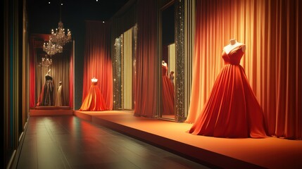 Red Gowns Displayed Under a Chandelier in a Luxurious Showroom
