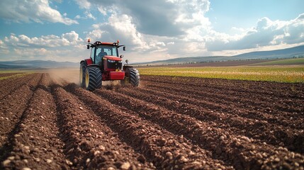 Obraz premium Farmer operating a tractor on a steep hillside, skillfully maneuvering through challenging terrain
