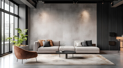 modern interior design of living room with empty industrial style wall