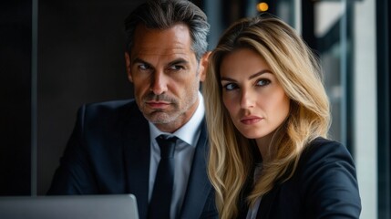 Women in light blue suits and white blouses are working on a project in a sleek, modern office. The women point at a laptop screen, describing details as the men listen.