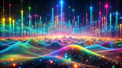 Obraz premium Vibrant abstract landscape illuminated by countless sparkling lights, perfect for digital projects. Neon-hued digital landscape with dynamic forms and a sense of wonder.