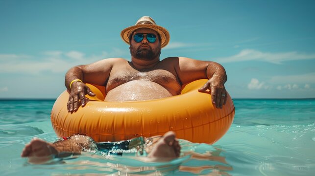 A chubby, humorous man sitting in an inflatable ring