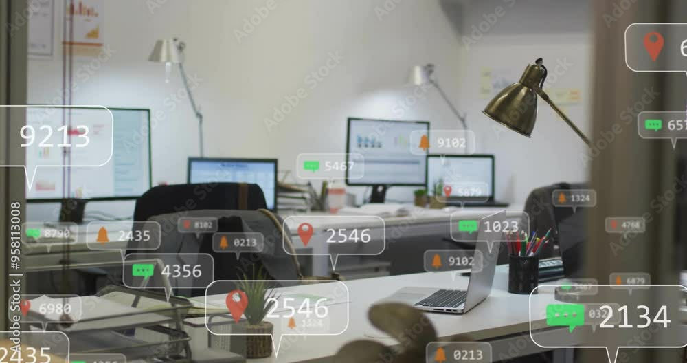 Poster social media notifications animation over modern office workspace with computers