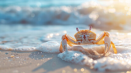 Fototapeta premium A small crab on the sand on the seashore, the background is a copy of the beach space