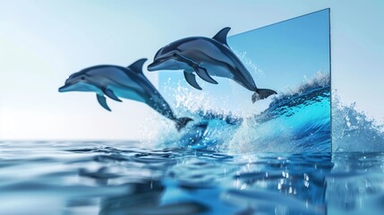 Naklejka premium Two Dolphins Leaping Out of Water Through Glass Pane in Ocean