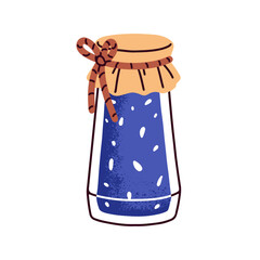 Berry jam in glass jar with string bow. Fruit preserve, homemade canned blueberry marmalade treat. Natural bilberry confiture, conserved jelly. Flat vector illustration isolated on white background