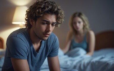 Fototapeta premium Thoughtful young man on bed in dimly lit bedroom, deep in contem