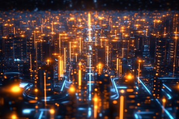 Fototapeta premium A futuristic cityscape with glowing lights and a complex grid, symbolizing a smart, connected metropolis.