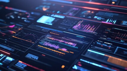 Fototapeta premium Futuristic Data Analytics Dashboard with Glowing Graphs and Charts