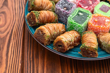 Turkish delight candy with arabic baklava . Rahat lokum photography