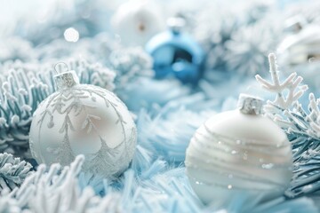 Christmas card concept with silver and white ornaments lying on soft feathers with a blurred...