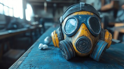 A close-up of a vintage gas mask on a rustic surface in an industrial setting, perfect for themes of safety and survival.