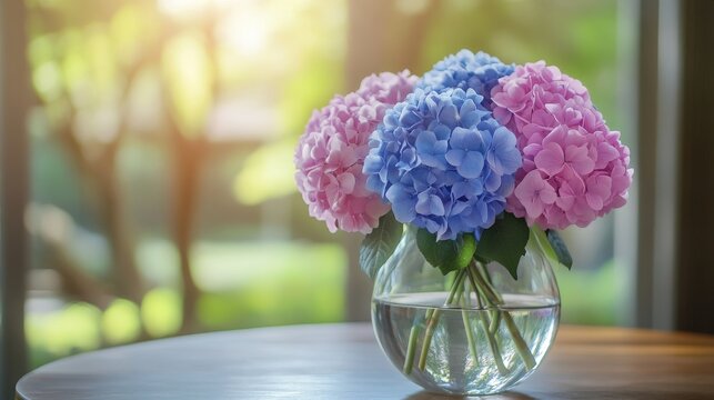 An interior decor idea displays hydrangeas in a vase on a table.