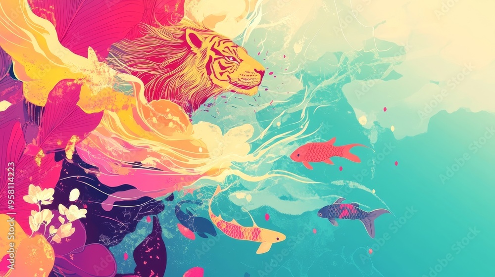Fototapete including tigers, cranes, and koi fish, this abstract backdrop has an ample amount of space for text