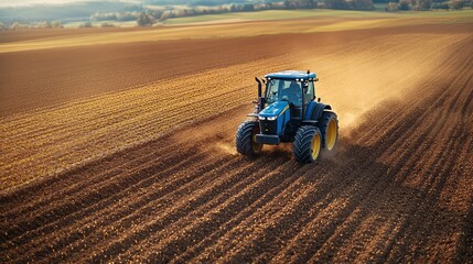 Obraz premium Farmer using a tractor to haul a trailer full of freshly harvested crops across the farm