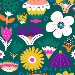 Green seamless floral pattern design. Bright Botanical hand drawn texture. Perfect for fabric, textile, wrapping paper. Vector illustration