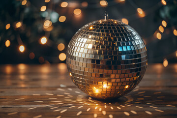 Obraz premium Shiny Disco Ball with Light Reflections on Dark Background