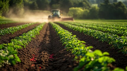 Obraz premium Farmer using a tractor to spread fertilizer evenly across a large field