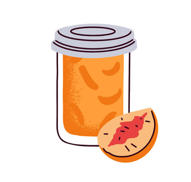 Peach jam jar, sweet confiture in closed glass container. Homemade fruit preserve. Natural organic canned marmalade, peachy spread concerve. Flat vector illustration isolated on white background