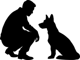 Vektor Silhouette Mann mit Hund - Design Elemente - Sitzender Schäferhund mit Hundehalter - Freund und Gefährte - Mensch und Tier