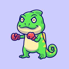 Obraz premium Cute Chameleon Boxing Cartoon Vector Icon Illustration. Animal Sport Icon Concept Isolated Premium Vector. Flat Cartoon Style