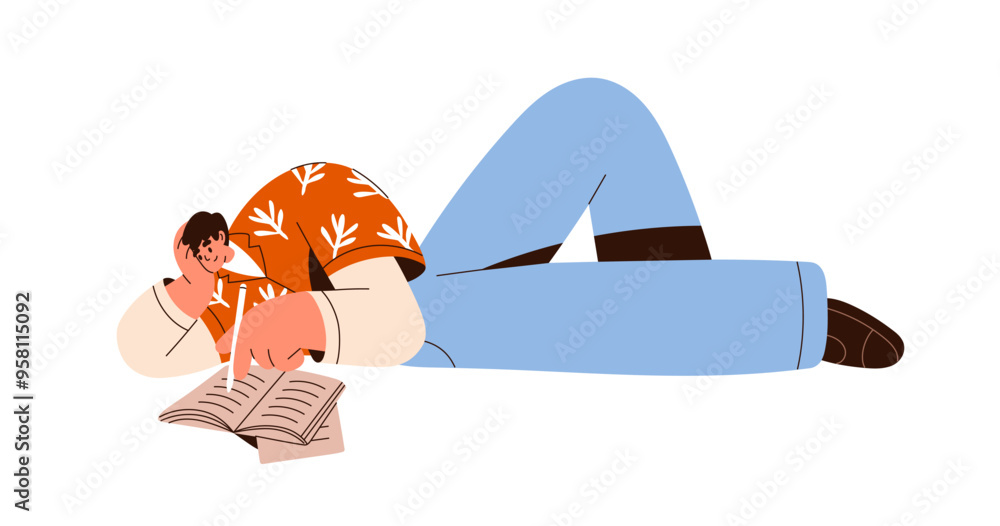 Poster Man writing in notebook. Creative inspired person taking notes in paper journal. Happy guy lying on floor with pen and notepad for records, ideas. Flat vector illustration isolated on white background