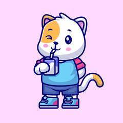 Obraz premium Cute Cat Drinking Milk Box Cartoon Vector Icon Illustration. Animal Drink Icon Concept Isolated Premium Vector. Flat Cartoon Style