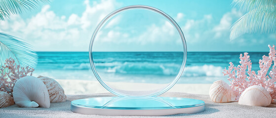 Tranquil beach scene featuring a circular display platform, surrounded by seashells and coral, with a serene ocean backdrop.