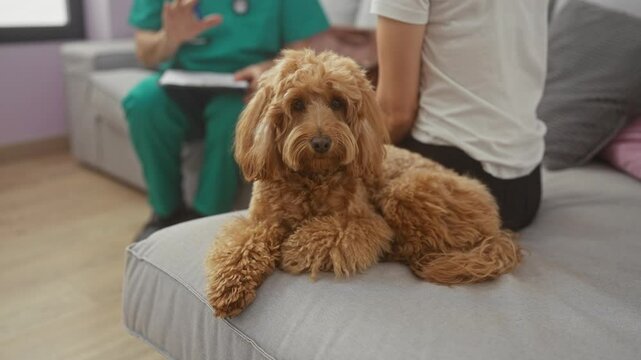 A labradoodle is resting at home with a man and woman in healthcare uniforms sitting behind.