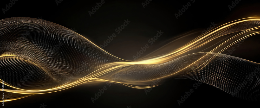 Poster abstract background with golden particles flowing and forming a wavy shape on a black background. hi