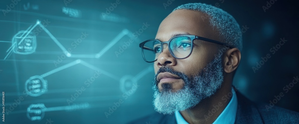 Poster a man with glasses looking at a computer screen with graphs and numbers