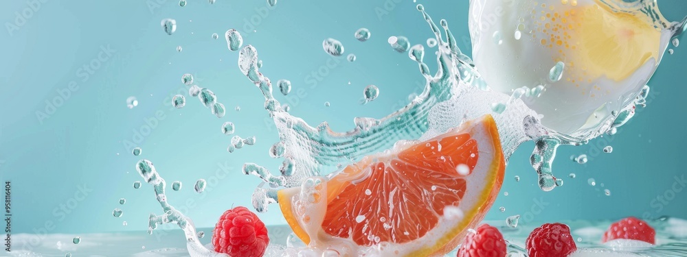 Poster sliced grapefruit splashing into water with raspberries