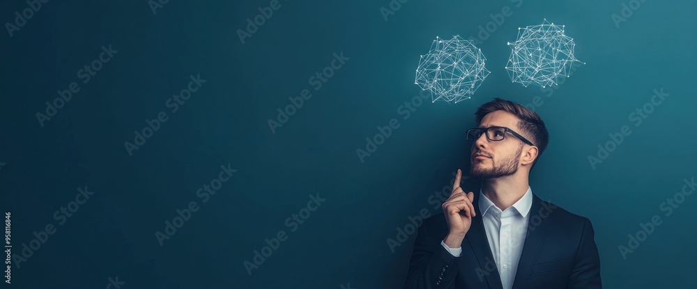 Wall mural A man in a suit is looking up at a wall with two circles on it