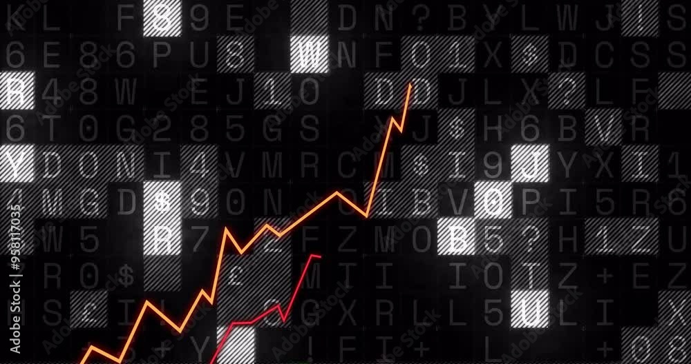 Poster rising financial graph animation over black background with alphanumeric characters