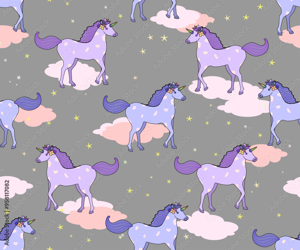 Poster unicorn seamless pink pattern with unicorns on clouds. endless background for textiles, notepads, ca