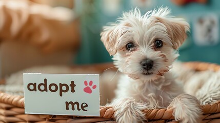 Adopt me concept with cute dog puppy character. AI generated image.