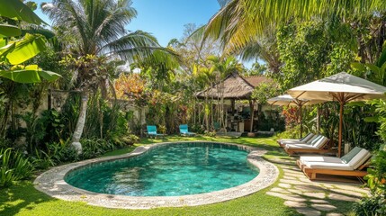 Tropical garden with a pool and lounge chairs.