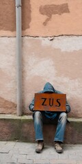 Naklejka premium Homeless man in Poland, no money for ZUS sign. Financial burden