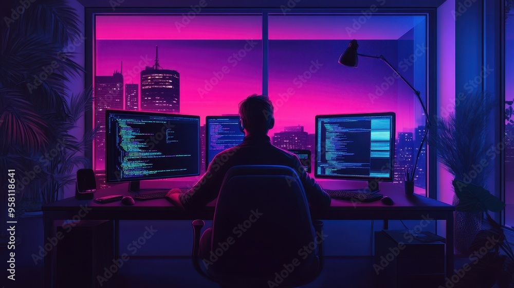 Poster cyberpunk programmer working late into the night