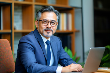 Senior Asian businessman in blue blazer uses a laptop, analyzing data in a contemporary office environment.