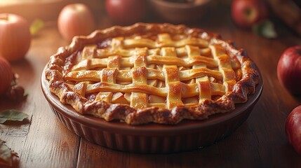 Delicious freshly baked apple pie on a table new beautiful stock image illustration AI