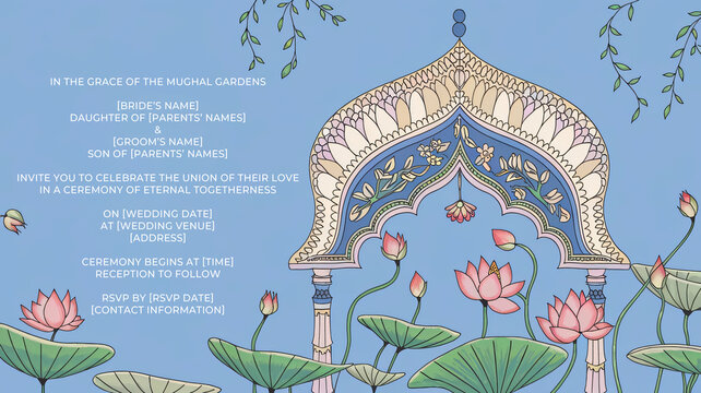Lotus-Adorned Mughal Archway: Pastel Blue Indian Wedding Invite, Ornate Garden Theme Stationery Template