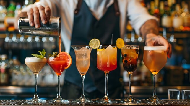A bartender is pouring drinks into glasses, including a variety of cocktails - generative AI