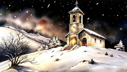 Naklejka premium Serene winter church illuminated at night against snowy landscape