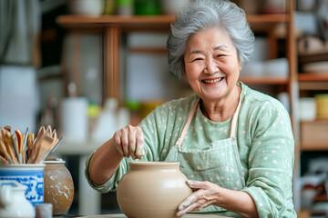 Happy elderly Asian woman in workwear creating a pottery piece on a wheel, skillfully shaping clay into a pot, blending tradition with creativity.