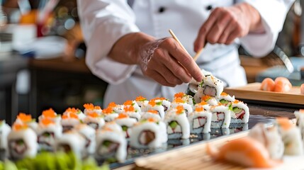 A chef is preparing sushi rolls with a variety of ingredients, including avocado - generative AI