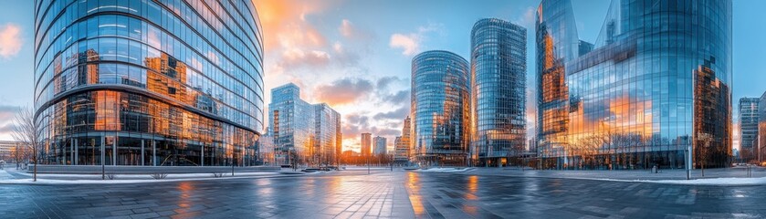 Obraz premium Panoramic View of Modern Glass Skyscrapers at Sunset in a Business District